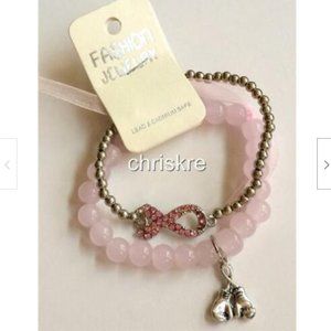 Pink Ribbon Charm Bracelet Breast Cancer Awareness Stretch Boxing Gloves Crystal